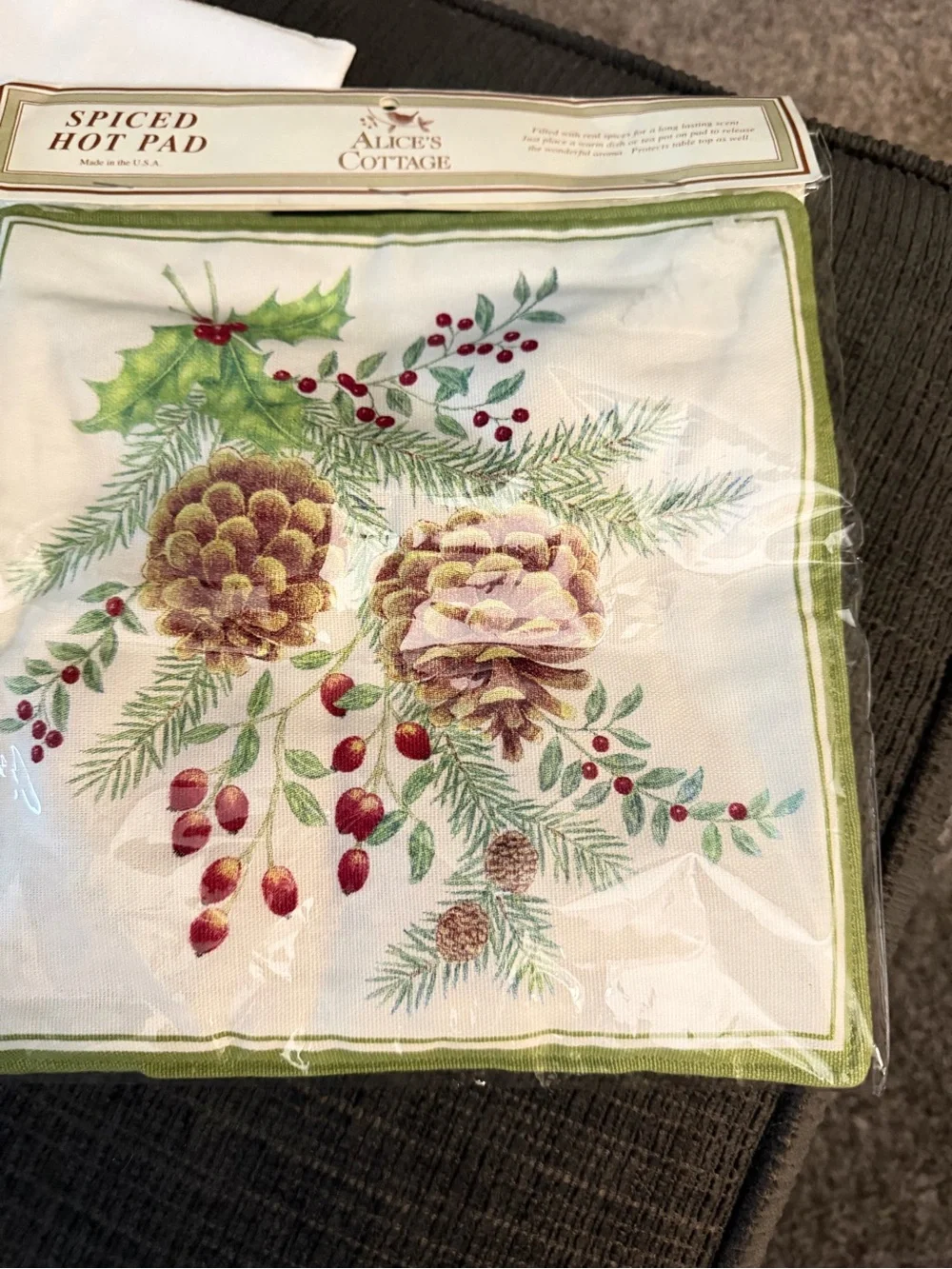 White Holiday Pinecone Spiced Hot Pad and tea towel.